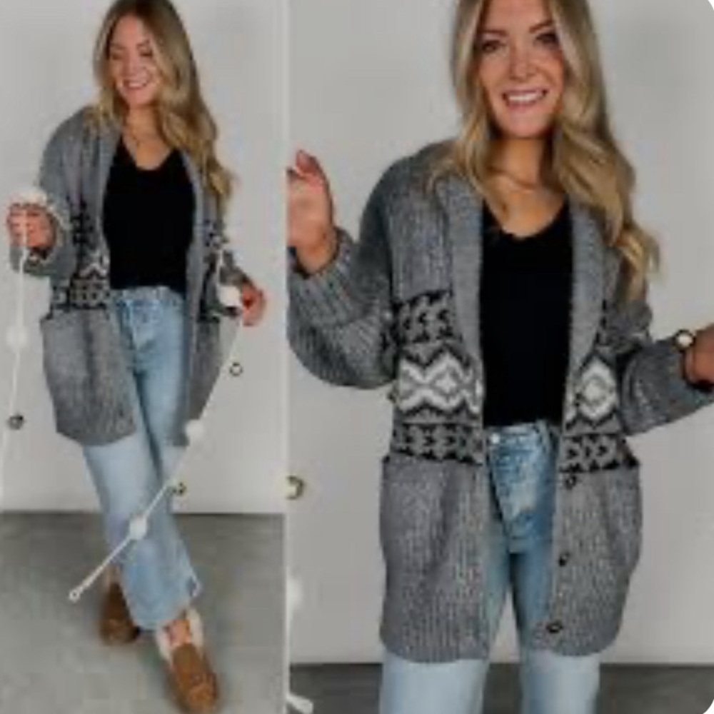 New Western Cowichan Print Long Grey Cardigan Sweater Thick Chunky Knit